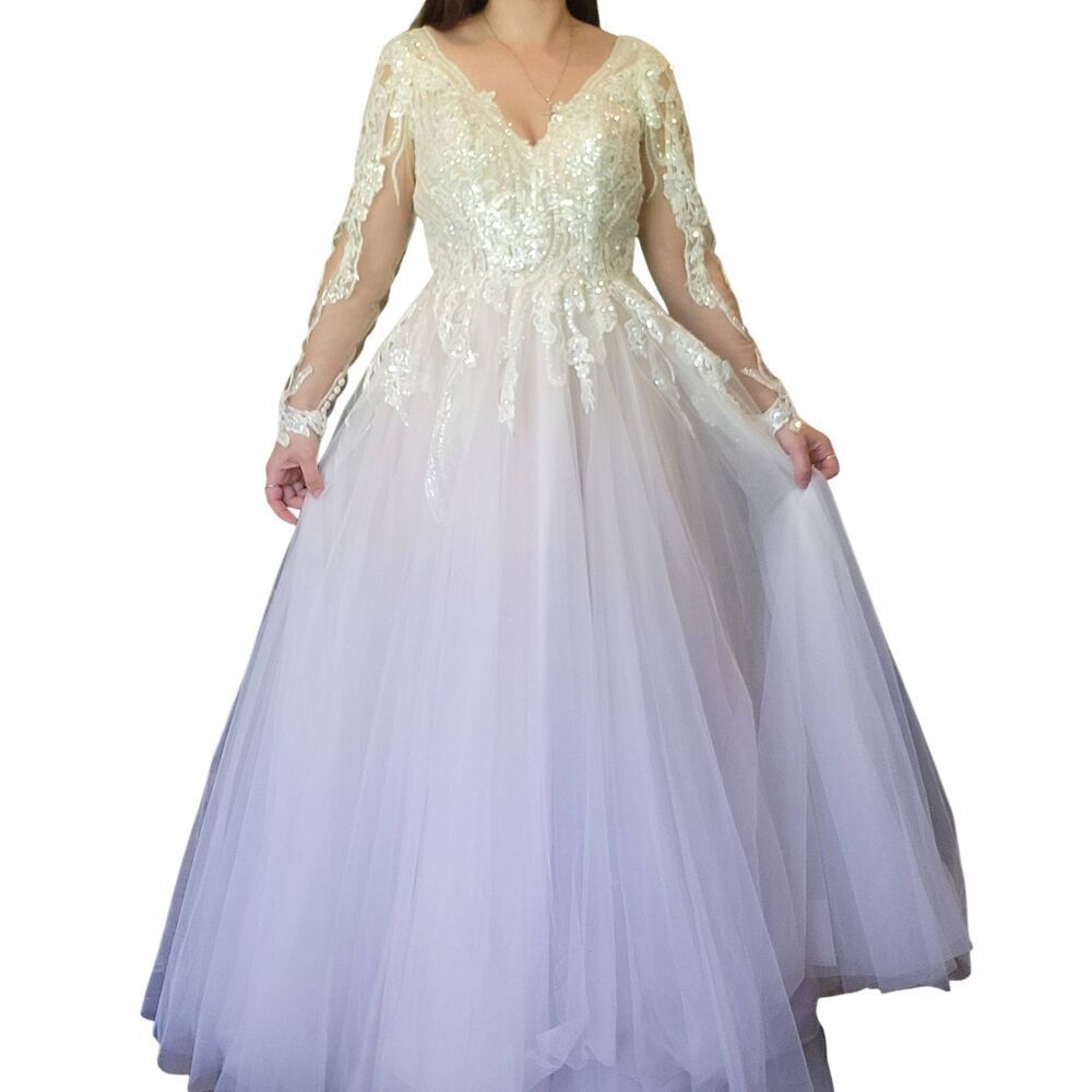 Allure Bridal Gown Women's 10 Wedding Dress Sequin Tulle Long Sleeve A Line Boho